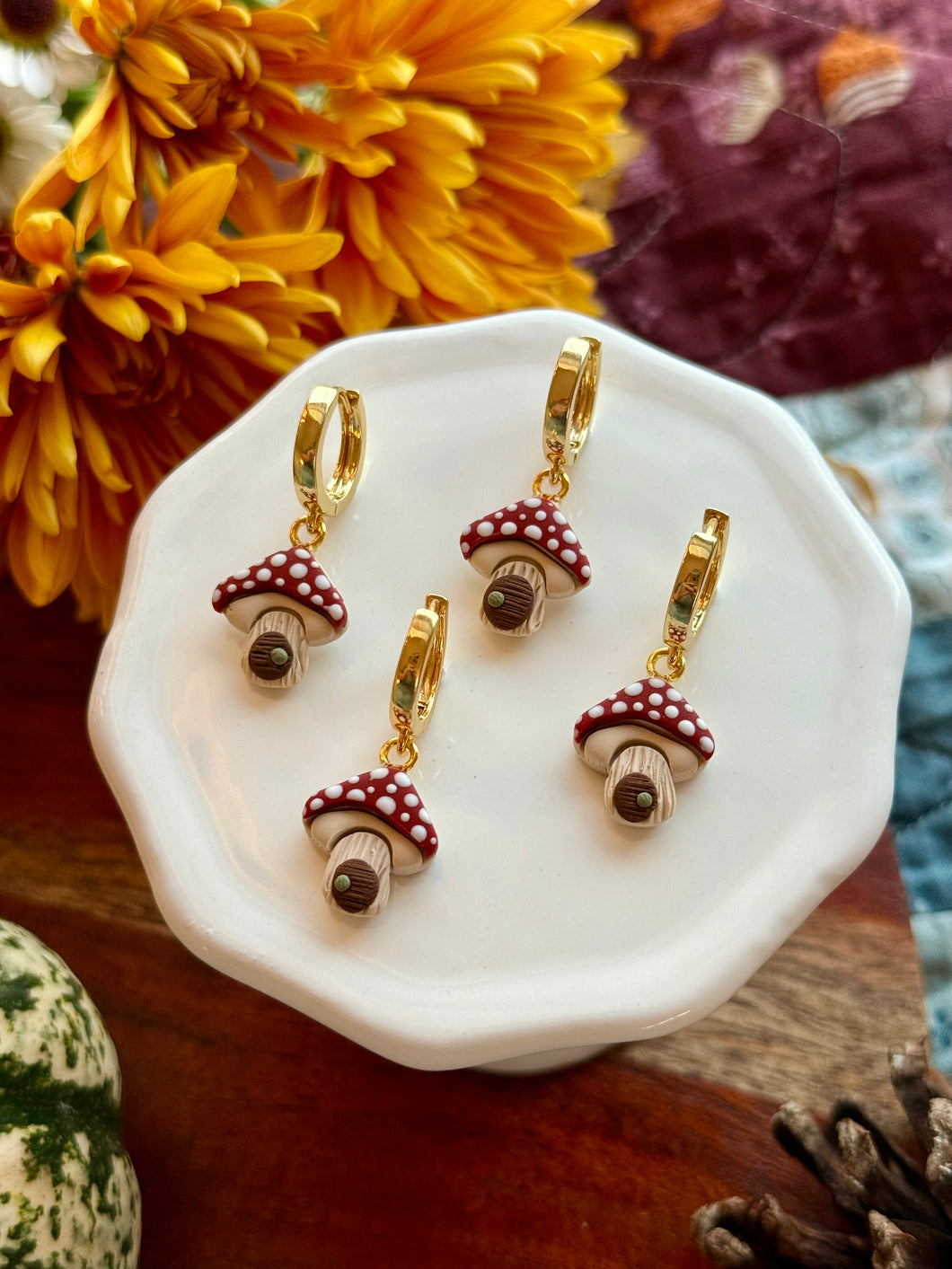 Mushroom Fairy House Huggie Hoops