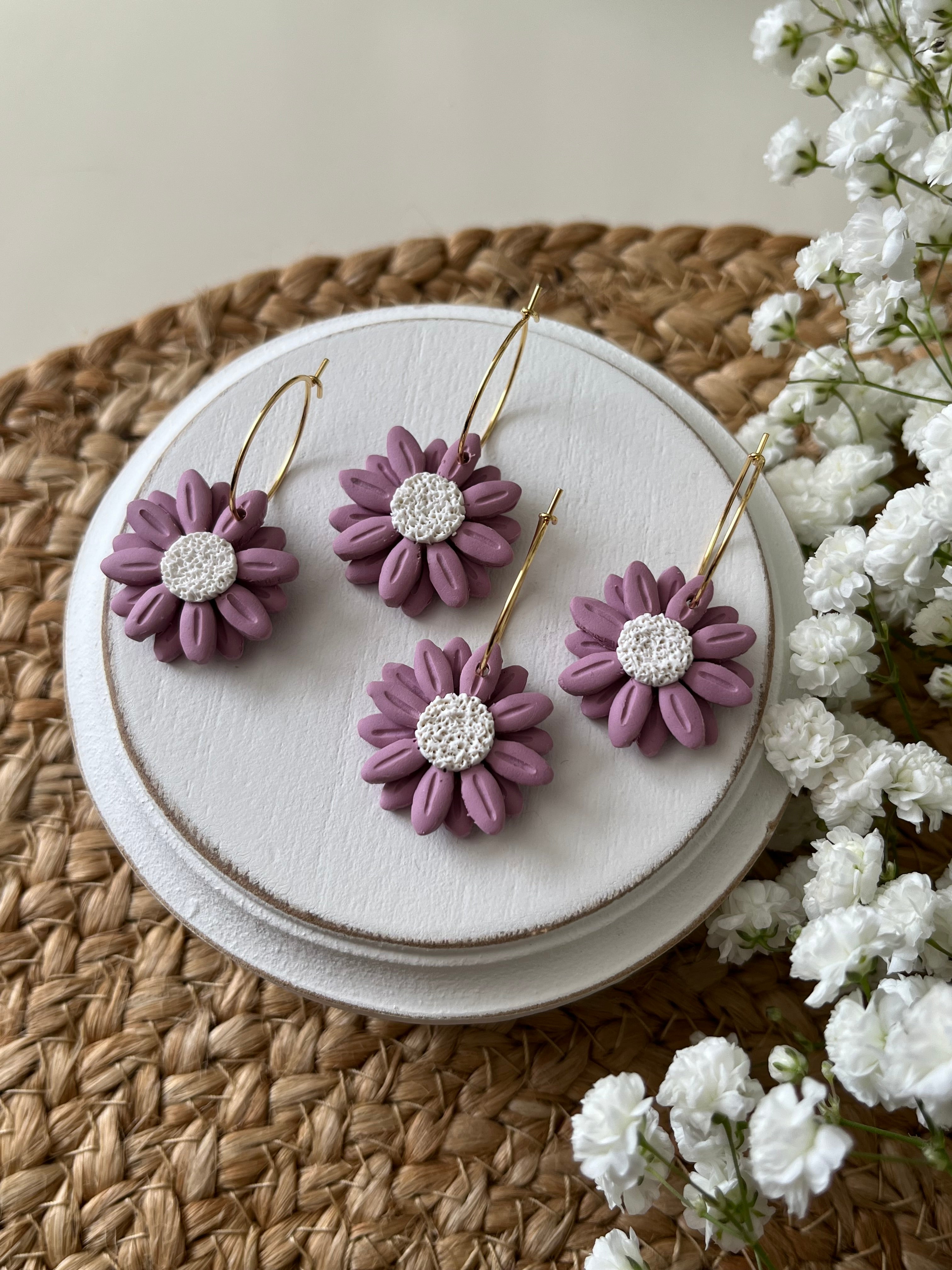 Black Succulent Flower hoop earrings from polymer clay, 100% handmade